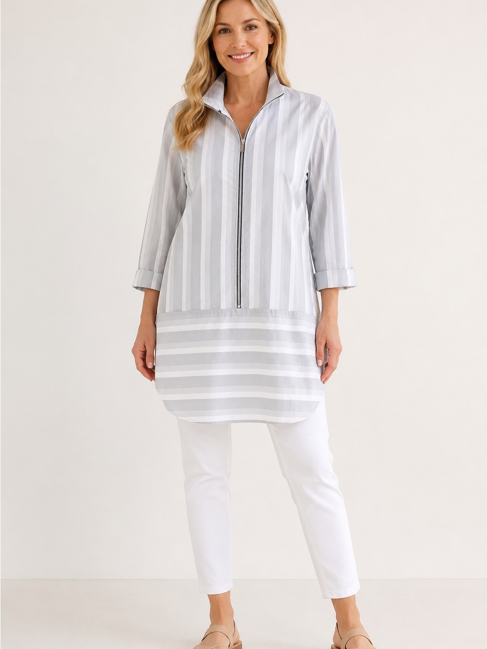 Shannon Passero Gray White Striped Zip Front Tunic L